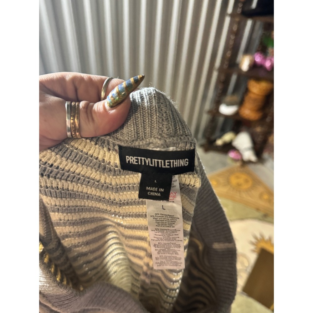 PrettyLittleThing Chevron Knit Lounge Pants Women's Size L Gray White Striped - Picture 2 of 3